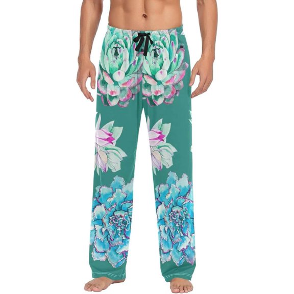 Succulents Pattern Green Ghost Pajama Pants, Men's Lounge Pants Light with Drawstring and Pockets, Christmas New Year Birthday Father's Day Gifts, X-Large