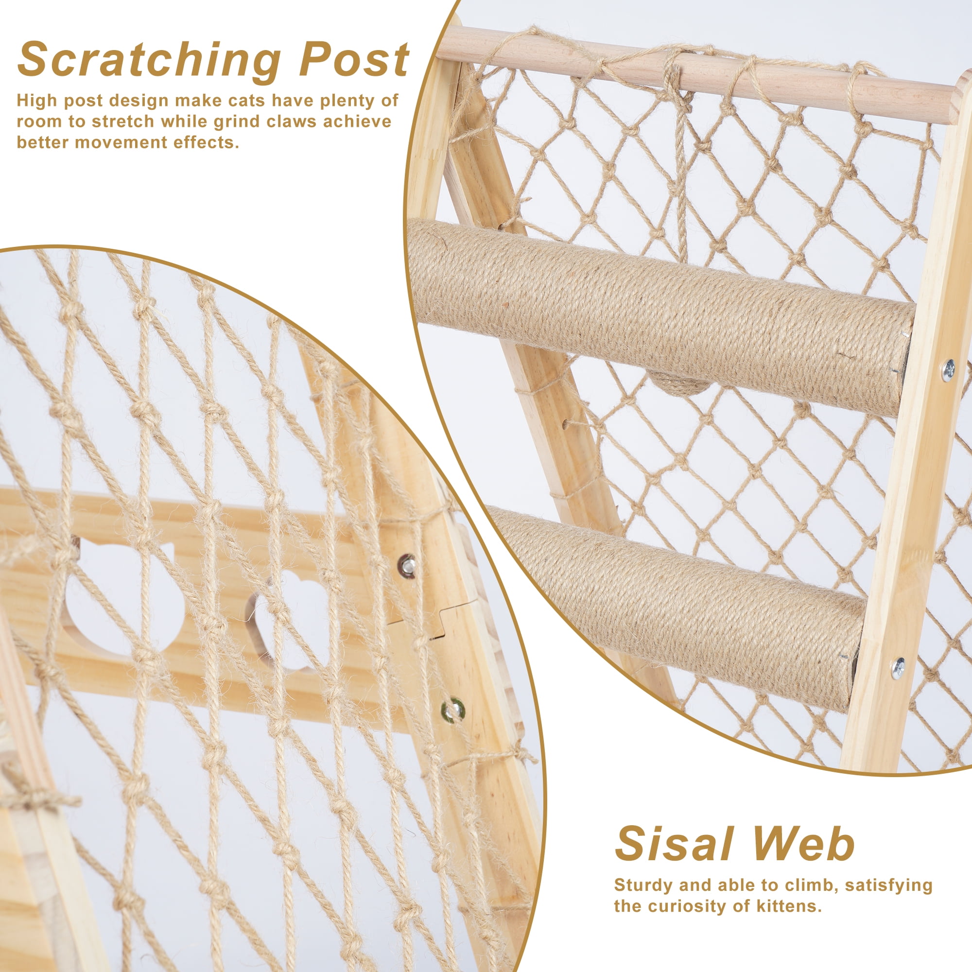 AIWFL Cat Hammock, Cat Furniture Cat Tower with Straching Post Climbing Web and Danging Sisal Ball, Solid Wood Indoor Cat Tree