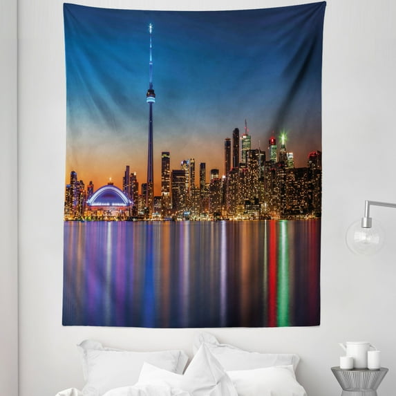 Dark Blue Tapestry, Urban Theme a Cityscape View of Toronto and the Skyscrapers at Dusk Digital Print, Fabric Wall Hanging Decor for Bedroom Living Room Dorm, 5 Sizes, Dark Blue, by Ambesonne