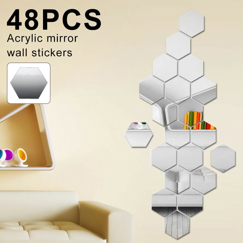 48PCS Acrylic 3D Mirror Effect Tile Wall Stickers Home Stick Art Bathroom Decor 