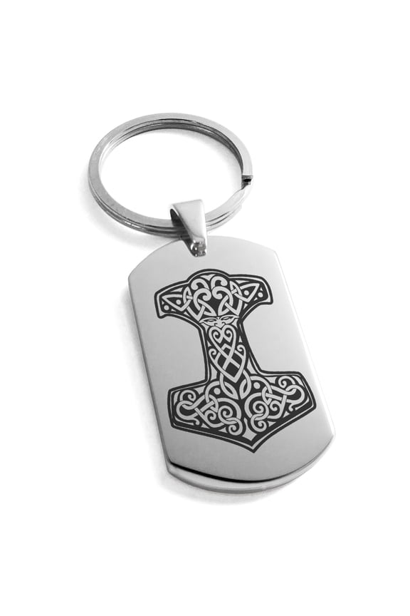 Stainless Steel Thor's Hammer Mjolnir Knot Viking Norse Engraved Dog Tag Keychain Keyring