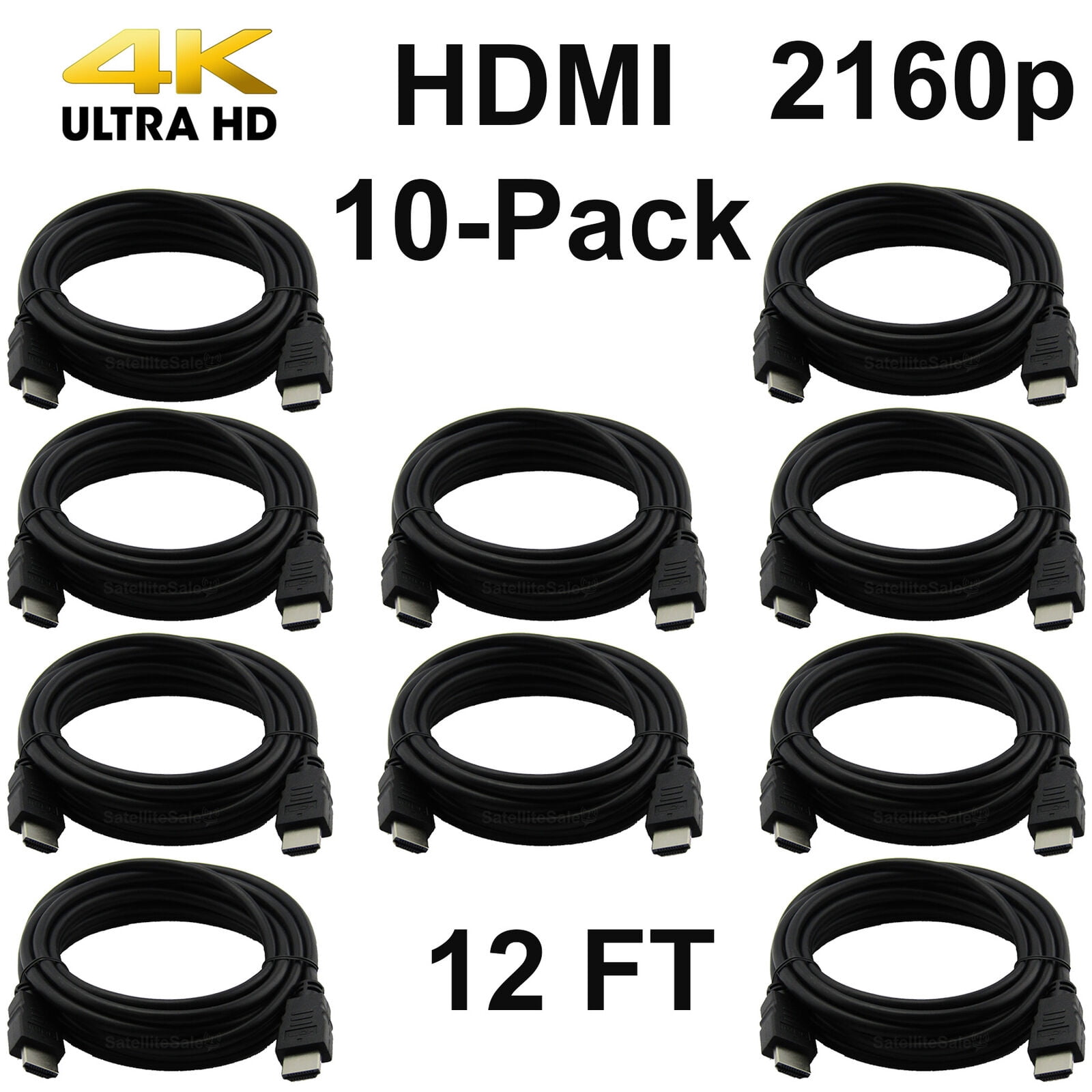 Pack of 10 Digital 1.4 HDMI 4K Cables PVC Black Cord Universal Wire by SatelliteSale 12 feet