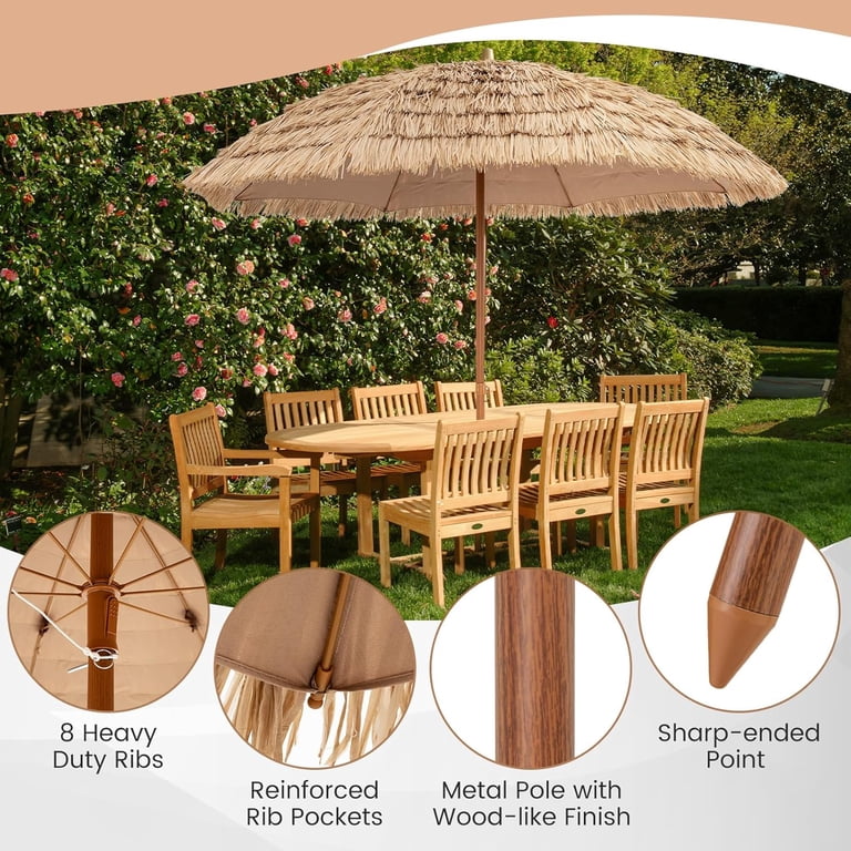 8ft steel ribs patio umbrellas 10Ft Outdoor Market Umbrella With 8 Sturdy Ribs, Tilt Crank Push Button For Garden, Deck, Backyard And Pool Tan Stainless Not recommended for use during strong winds or rain Convenient Operation Outsunny 9FT Patio Umbrella UPF