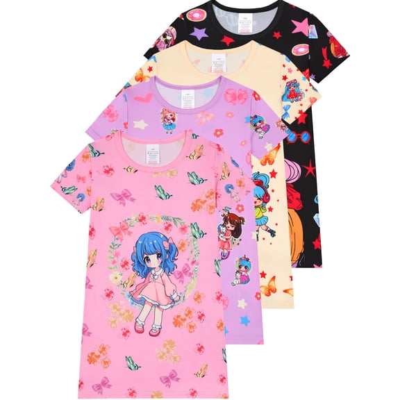 WIBACKER 3-12Y Girls Short Sleeve Cartoons Nightgown 1PCS Soft Kids Nightdress Pajamas for Toddler to Big Girl Nightie Dress