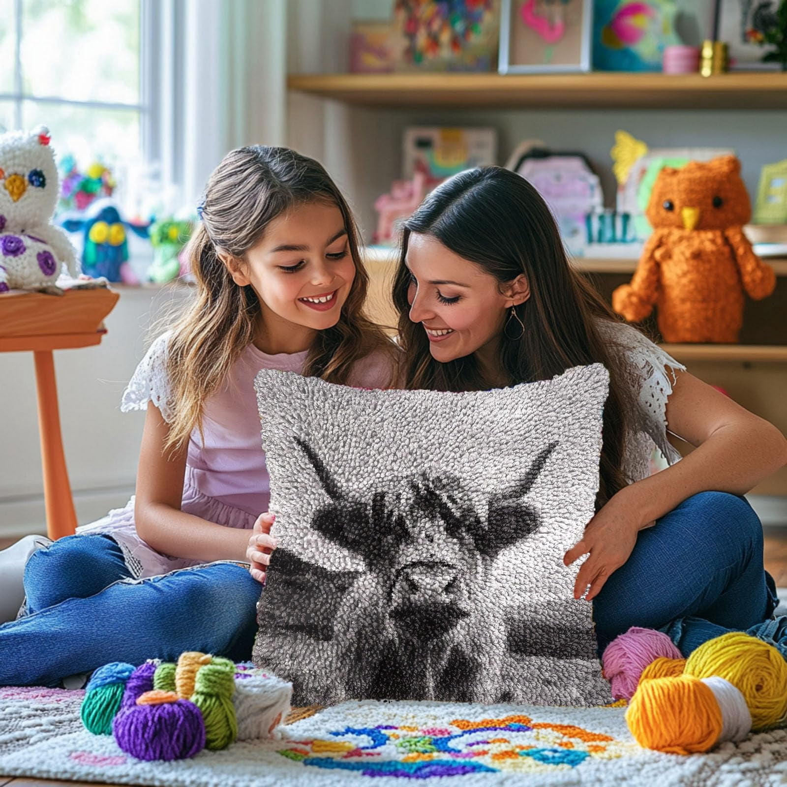 Black and White Highland Cattle DIY Latch Hook Pillow Kits for Adults Printed Pillowcase Crochet Yarns Hooking Handmade Pillow Cover Cushion for Home Sofa Decoration 17x17inch(1)