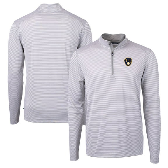 Men's Cutter & Buck Gray/White Milwaukee Brewers Virtue Eco Pique Micro Stripe Recycled Quarter-Zip Pullover Top
