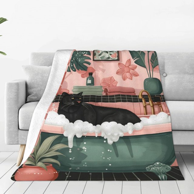 Balery Black Cat Pink Bathroom Manta de Felpa Suave y Acogedora – Cobija de Franela Aterciopelada para Cama, Lavable y Cálida para Sofá, Mascotas, Transpirable-50"x40"
