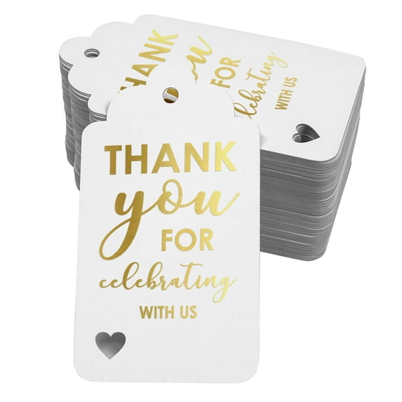 Inkdotpot Pack Of 100 Real Gold Foil Paper Tags ThankYou For Celebrating With Us Bridal Shower-Baby Shower-Retirement-Wedding-Birthday Favor Hang Tags