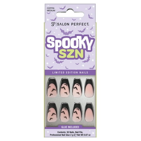 Salon Perfect Halloween Fall Artificial Fake Press On Nails, 389 Matte Black French Bats, Medium Coffin, File, Glue and Prep Pad Included, 30 Nails