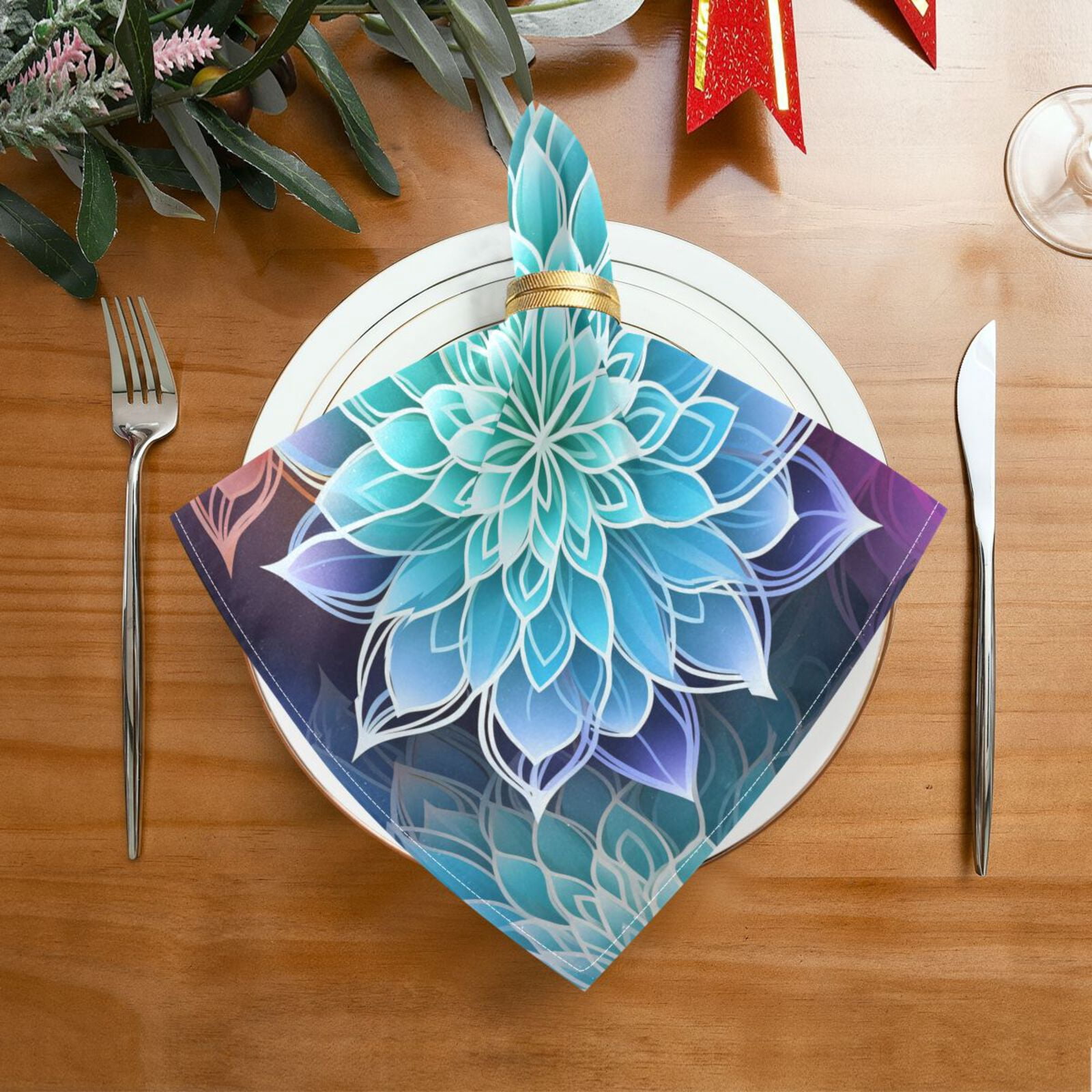 JSTEL Transparent Mandala Flowers Rainbow Cloth Napkins Set of 6, 20x20 Inch Washable and Reusable Napkin for Decoupage Dinner Party Everyday Use