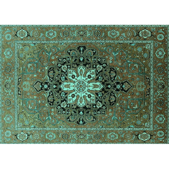 Ahgly Company Indoor Rectangle Oriental Turquoise Blue Industrial Area Rugs, 7' x 9'