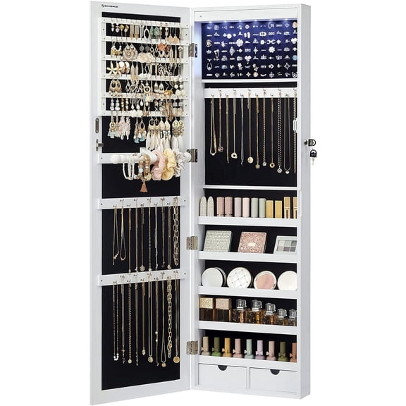 Jewelry Armoire, 47.2'' LED Mirror Jewelry Cabinet, Jewelry Storage with Body Mirror, Wall or Door Mounted