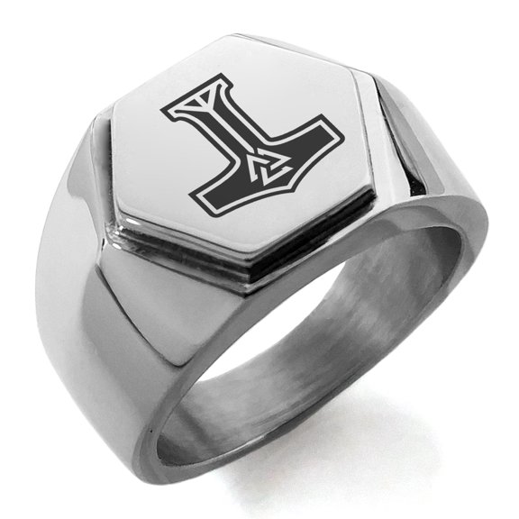 Stainless Steel Valknut Mjolnir Thor's Hammer Engraved Hexagon Crest Flat Top Biker Style Polished Ring