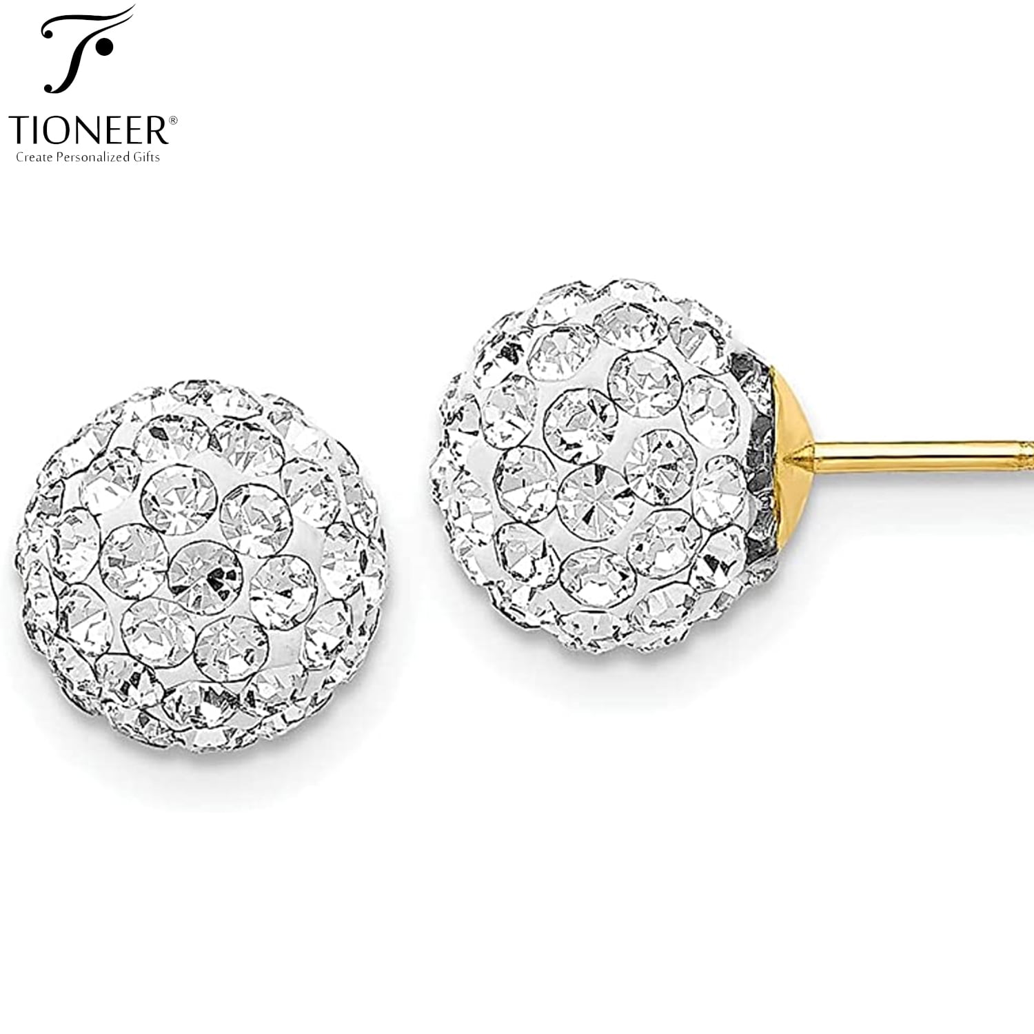 Tioneer Sterling Silver 925 Crystal Ball Stones Brilliant Round Stud Earrings Butterfly Push Back Silver or Yellow Gold