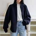 thumbnail image 2 of Womens Knit Sweater Full-zip Jacket Double Zippers High Neck Loose Long Sleeve Fall Outerwear Sweaters Coat (Free Size, Navy), 2 of 7