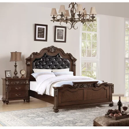 Dark Brown / Antique Cherry King Size Bed 2x Nightstands 3pc Set Faux Leather Tufted Headboard Floral Design Bedframe Bedroom