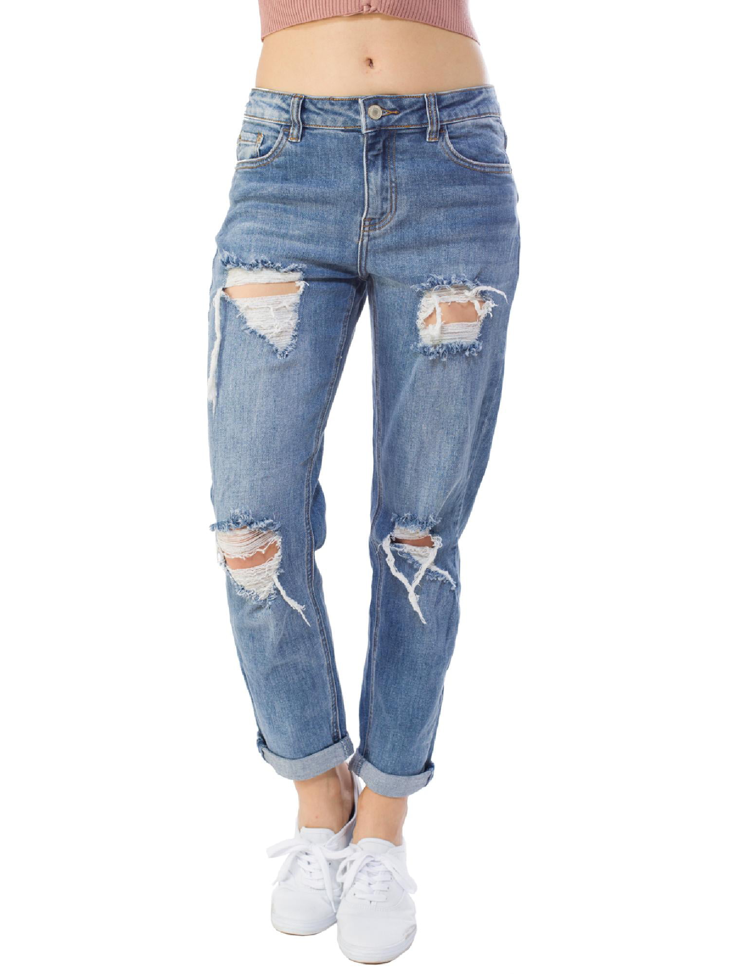 MixMatchy Women's Mid Rise Distressed Front and Back Boyfriend Jeans 