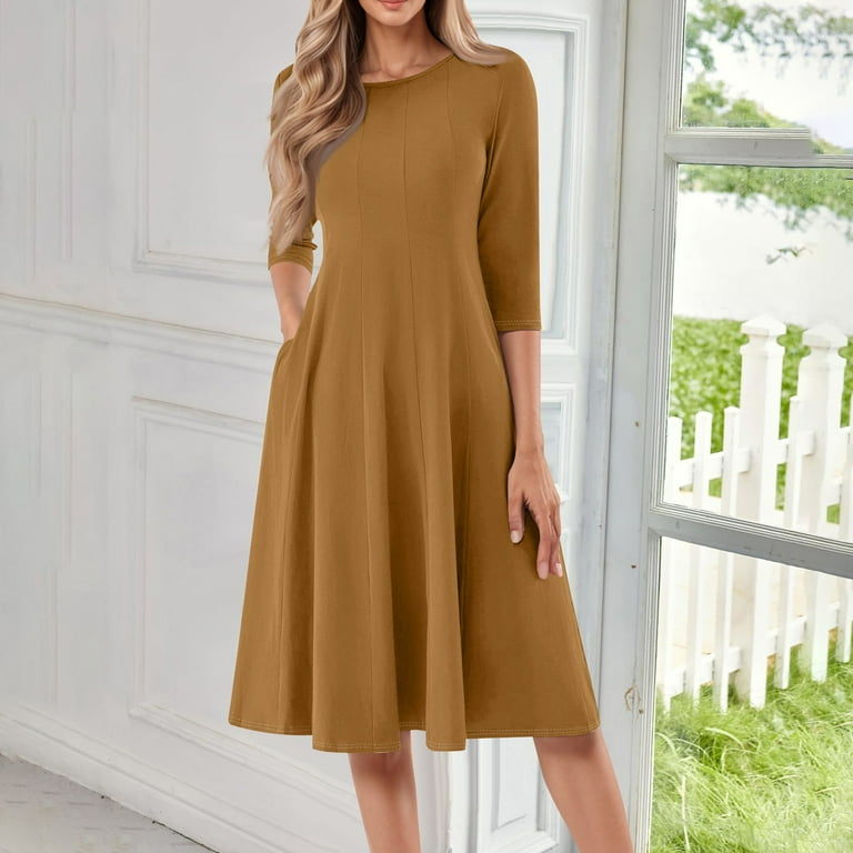 3/4 Sleeve Fit and Flare Dress for Women Solid Color A Line Flowy Dress  Crew Neck Casual Midi Dresses with Pockets - Walmart.com
