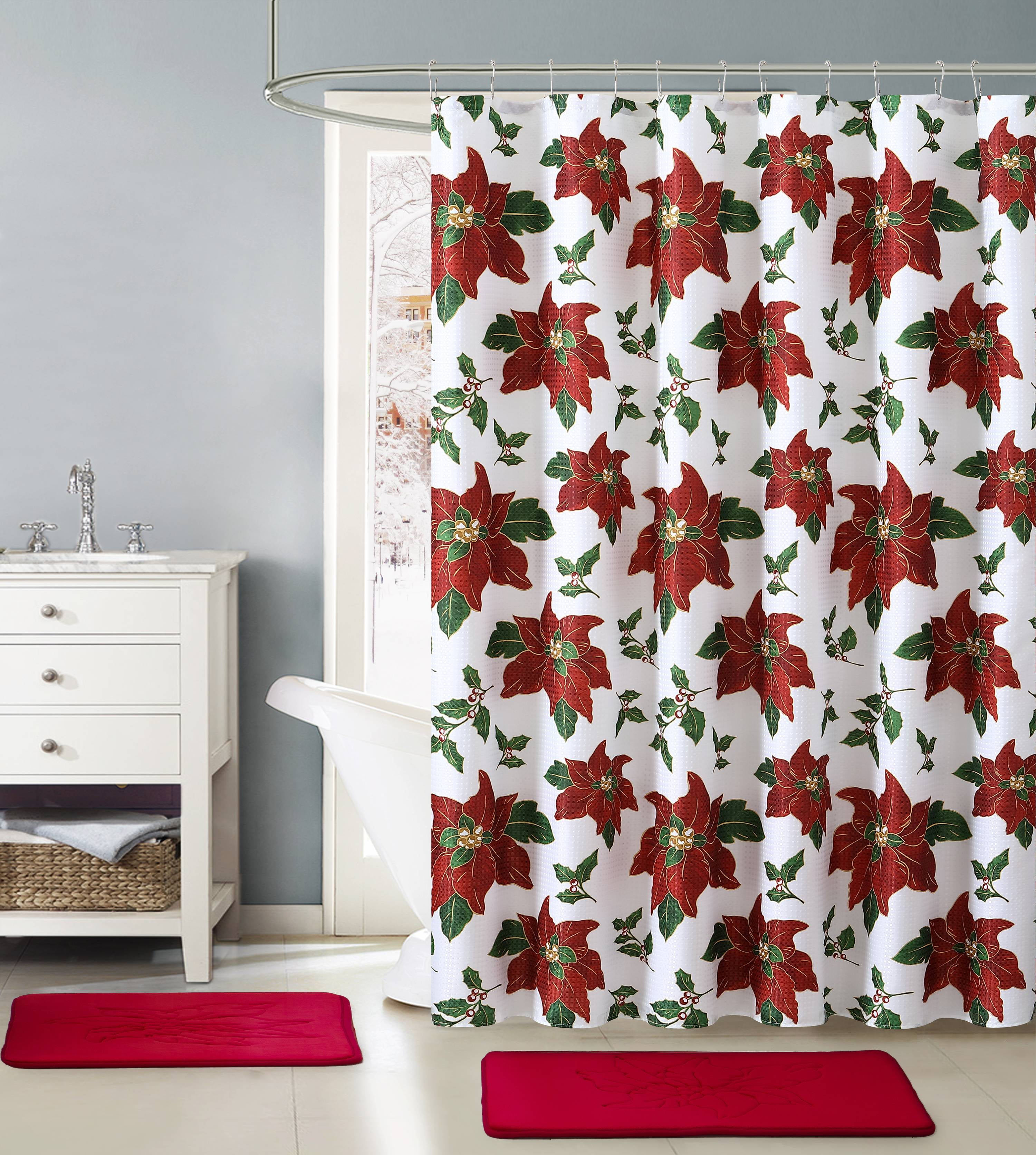 VCNY Home Poisettia Bloom Christmas Fabric Shower Curtain - Standard ...