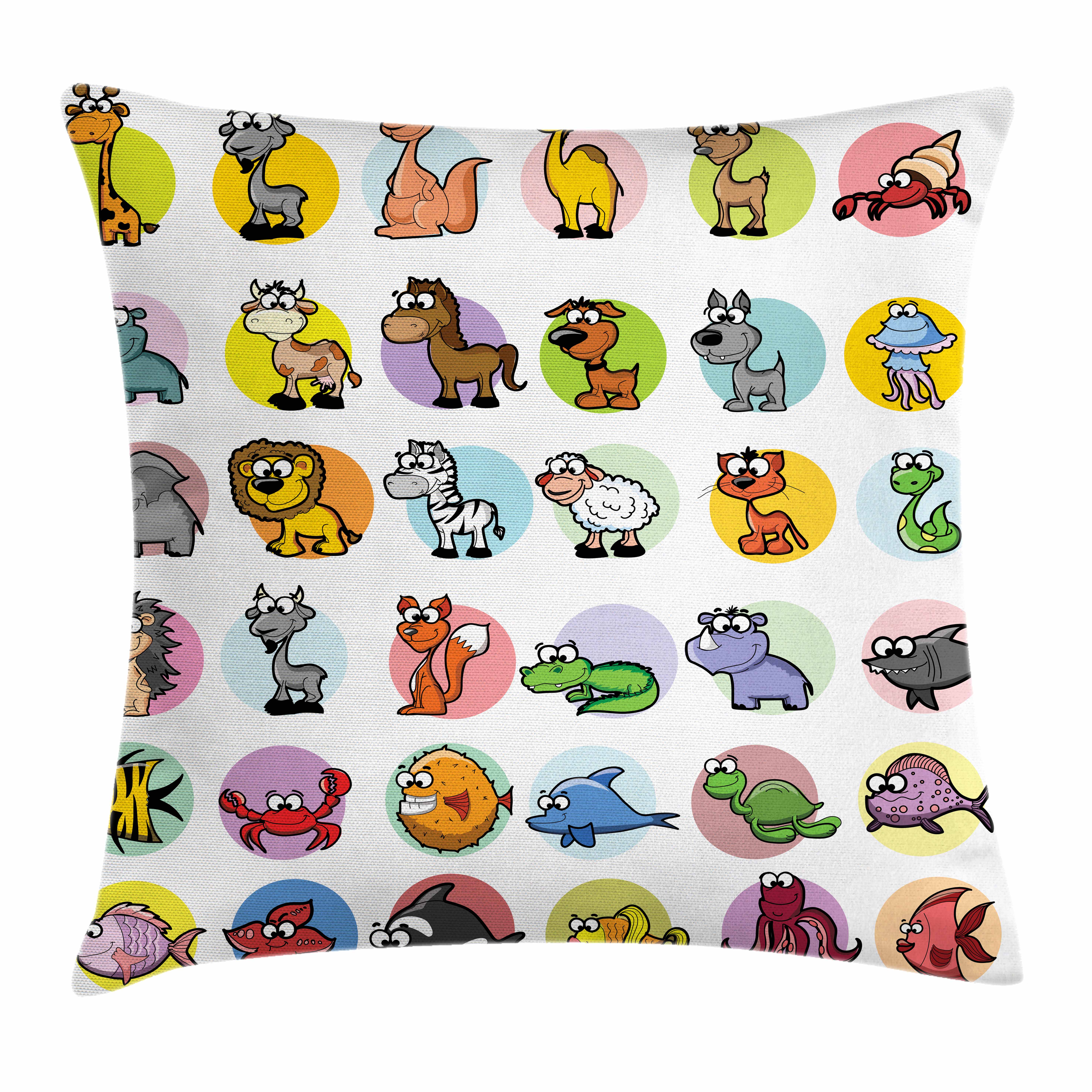 Zoo Throw Pillow Cushion Cover, Funny Cute Cartoon Style Animals Set