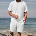 thumbnail image 2 of Men 2 Piece Textured Tracksuit Set, Diamond Jacquard Crew Neck Short Sleeve T-Shirt and Drawstring Elastic Waist Shorts Summer Casual Loungewear Size M-5XL White, 2 of 9