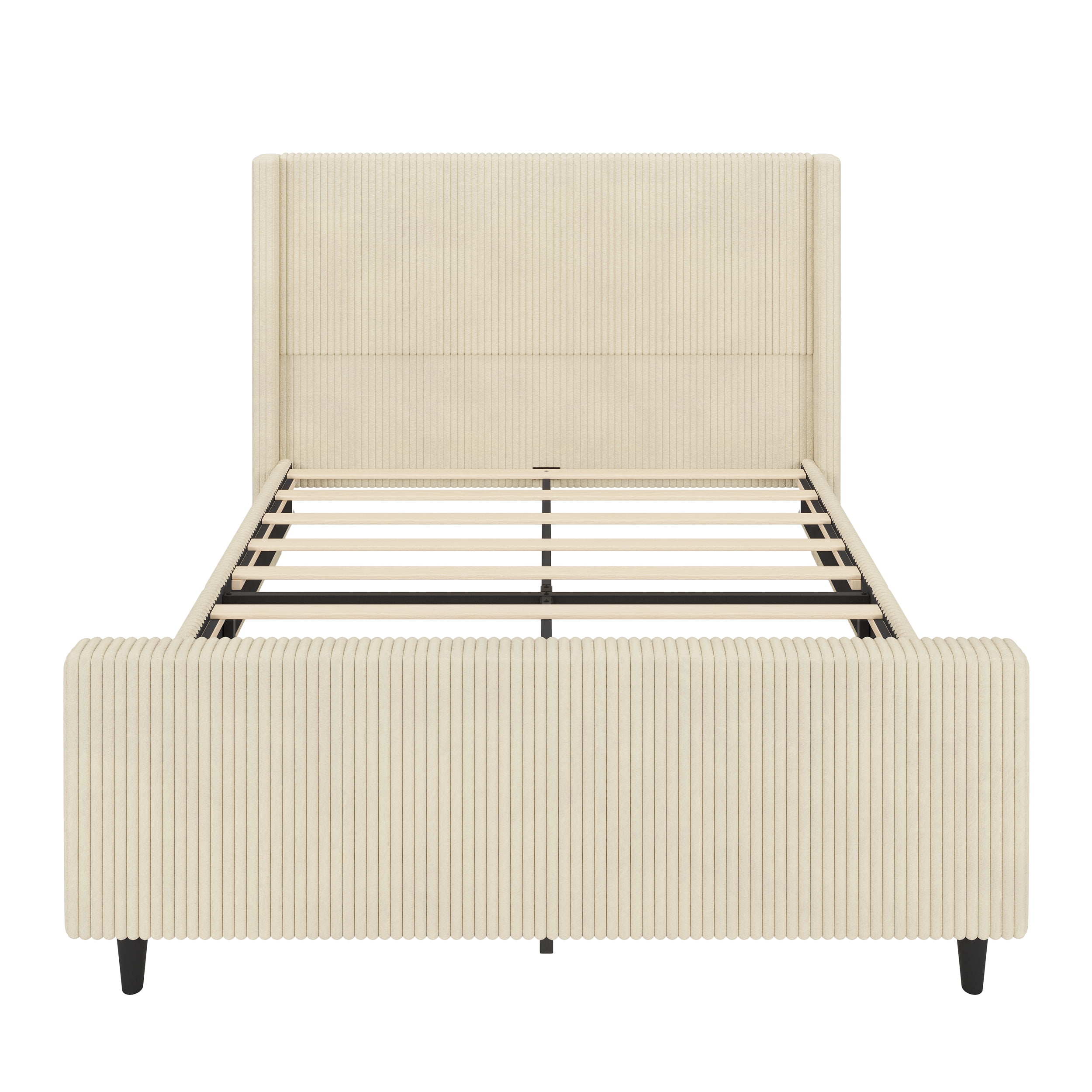 FFZ Corduroy Upholstered Queen Bed Frame with 50.7 inch Stripe Wingback Headboard, Cream