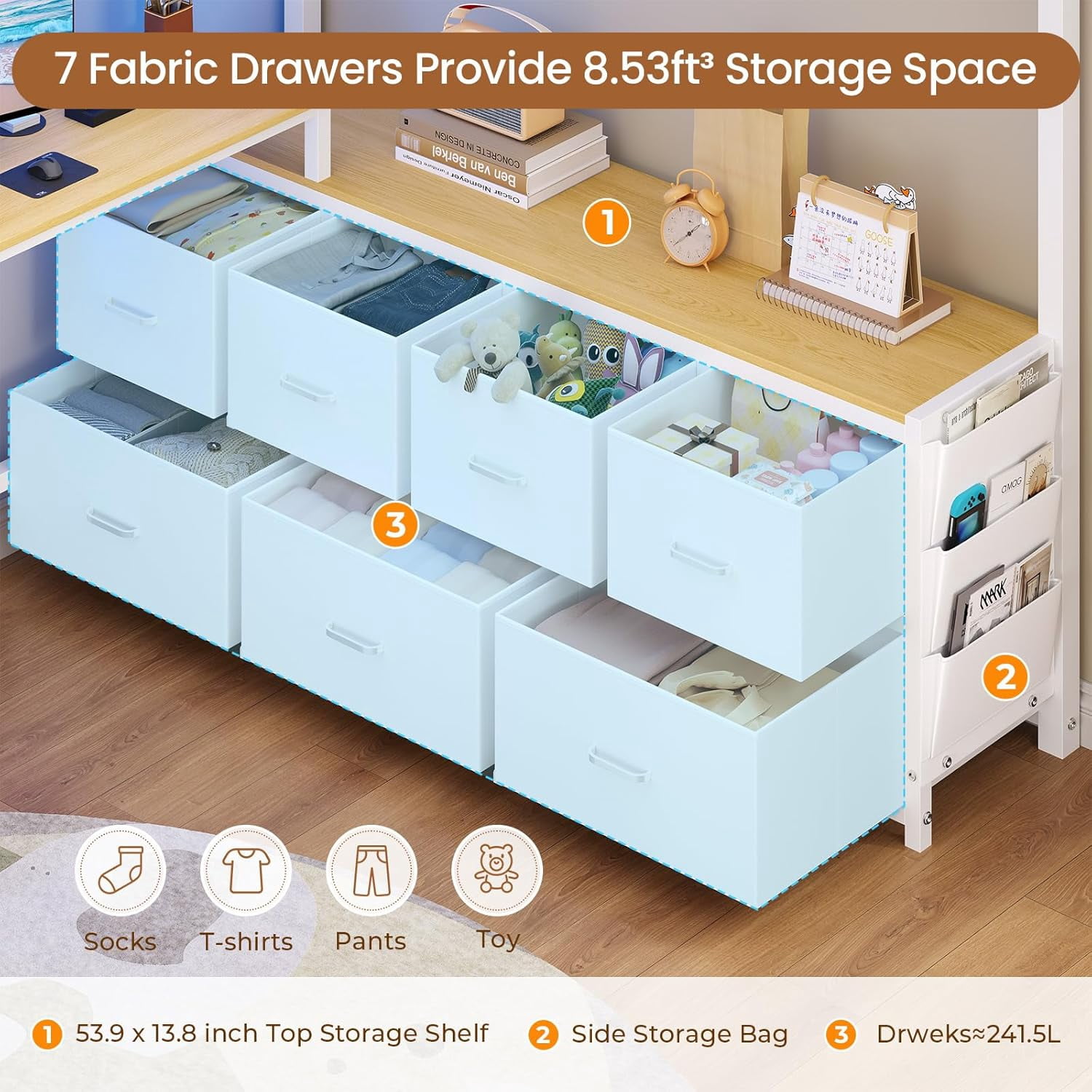 Full Size Loft Bed with Desk and 7 Storage Drawers Metal Full Loft Bed Frame with Led Lights, Charging Station, Storage Shelves, Safety Guardrail and Ladders, White