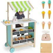 INFANS Wooden Grocery Store Marketplace Toy, Colorful Supermarket Pretend Play, Extra Storage 6 Ice Creams Scales Bells Chalkboards, Fun Indoor Farmer's Market Stand Set Gift for Ages 3+
