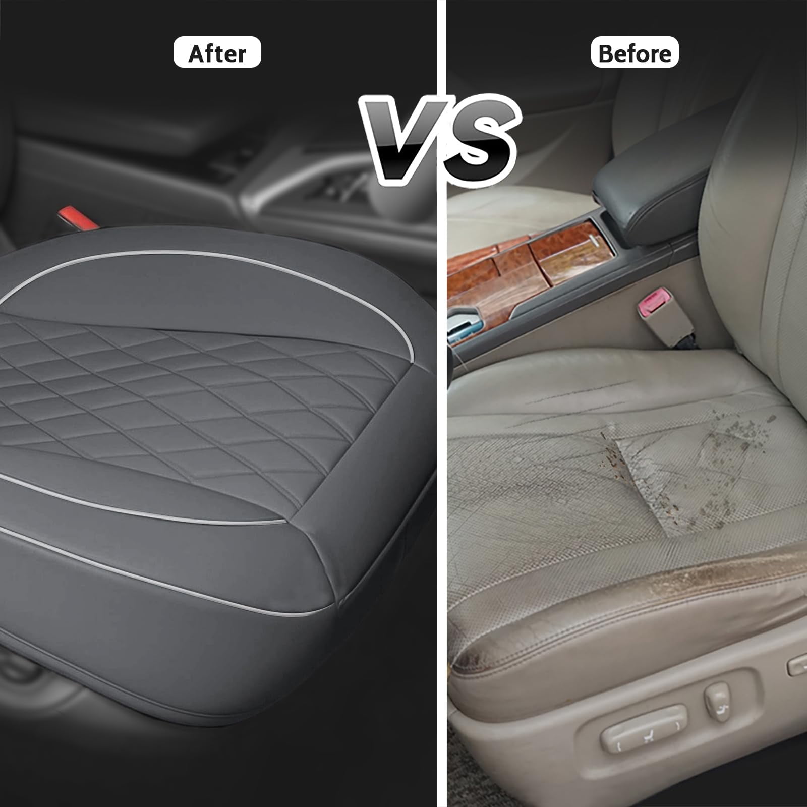 Autoking Cover Leather Front Car Seat Cover, Anti-Slip and Full Wrap Driver Car Seat Protectors with Storage Pocket, Luxury Bottom Auto Seat Cushion (Gray)