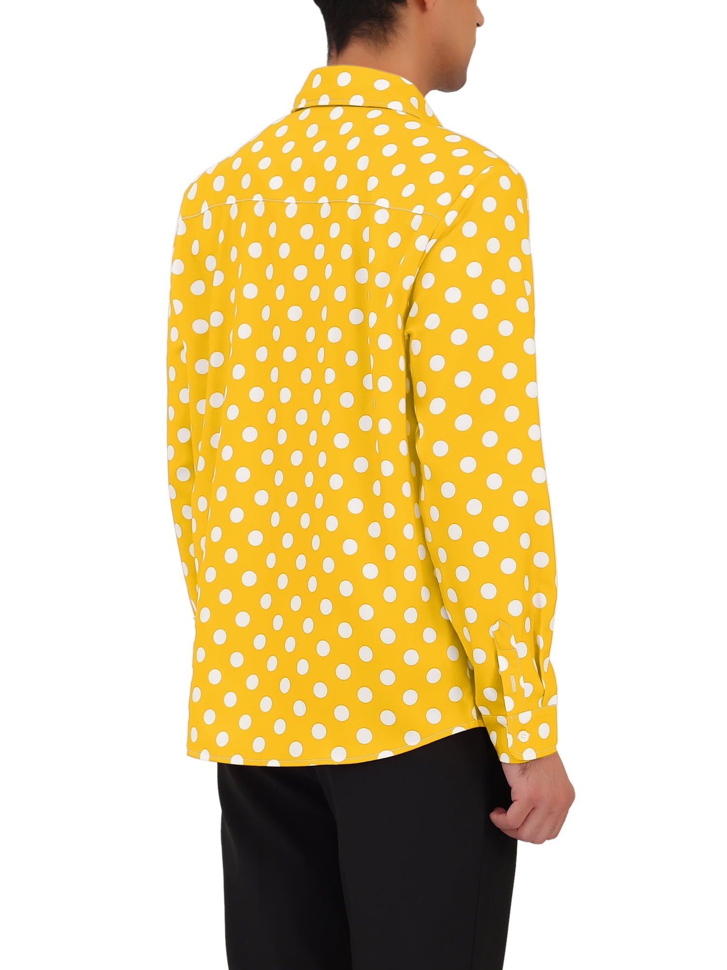 Unique Bargains Men's Long Sleeve Button Slim Polka Dots Shirt 34 Yellow