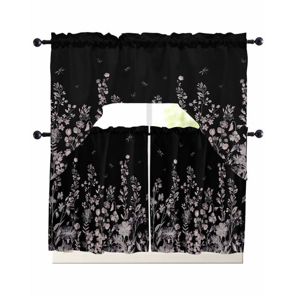 Black Botanical Kitchen Curtains Sets 36 Inch Length with Valance, Dragonfly Flower Leaf Retro Style Swag Valances and Tiers Curtain Set Drapes Swag Curtains for Living Room, Bathroom, Bedroom, Cafe