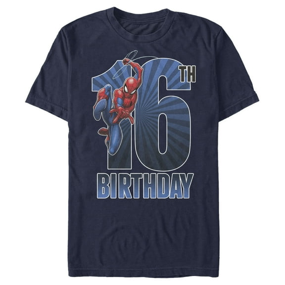 Men's Marvel Spider-Man Swinging 16th Birthday Graphic Tee Navy Blue Large