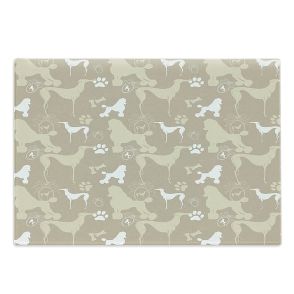 Dog Lover Cutting Board, Pet Animals Accessories Leash Paw Print Bone Ornamental Abstract Illustration, Decorative Tempered Glass Cutting and Serving Board, Large Size, Tan White, by Ambesonne