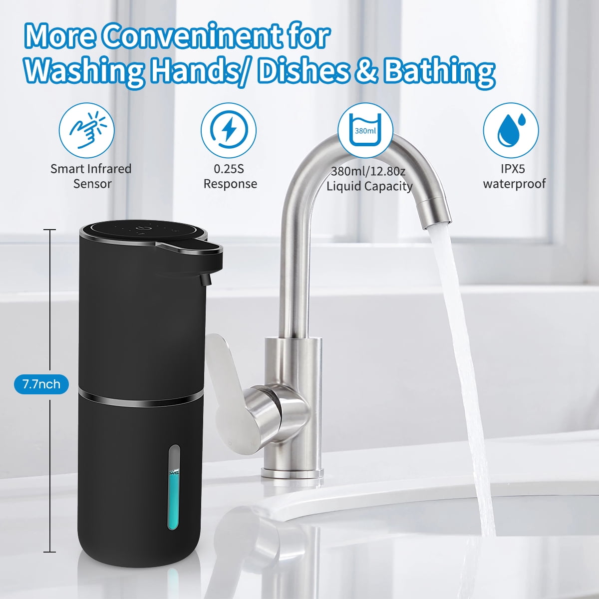 FEELSO Automatic Soap Dispenser, Touchless Foaming USB-C Rechargeable, 4-Level Adjustable, Wall Mount or Countertop, Black