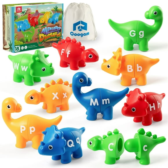 Coogam Jouet de Motricité Fine avec Lettres Assorties, 26 Pcs Jeu d'Alphabet Dinosaure ABC Double Face avec Majuscules et Minuscules, Jouets Éducatifs Préscolaires Montessori d'Apprentissage pour Tout-Petits Garçons Filles
