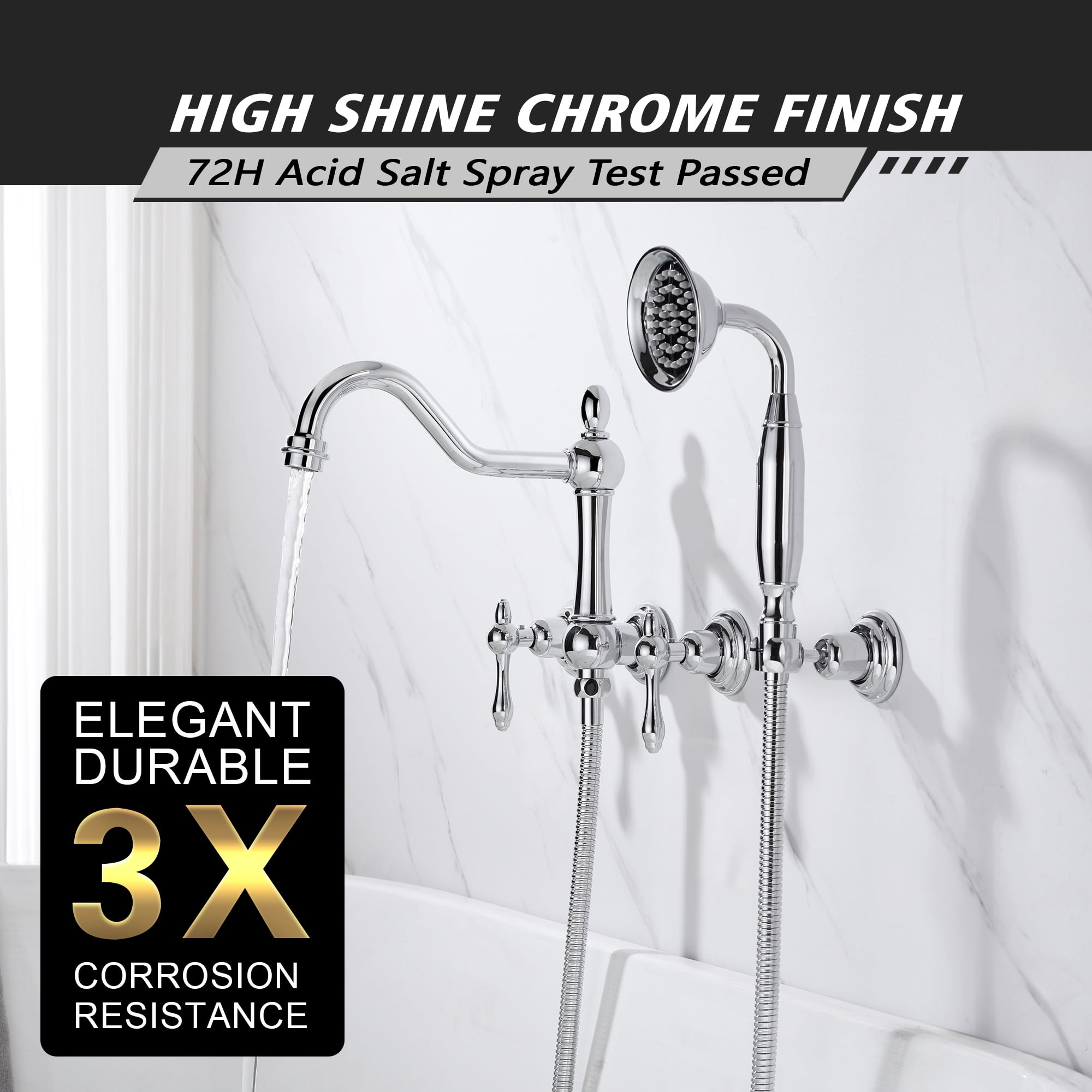 SUMERAIN Vintage Wall Mounted Bathtub Faucet with Hand Shower, High Flow Tub Filler with Rough-in Valve, Chrome