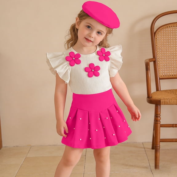 Amidoa Girls Summer 2 Piece Outfits Cute Sleeveless Tops Tops and Casual Skirt Kids Clothing Set Hot Pink Size Hot Pink Size 6
