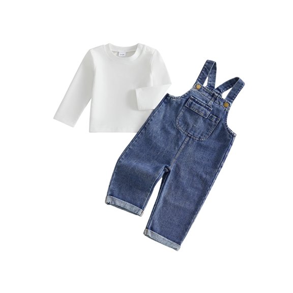 Cjfdfy Toddler Baby Boy Girl Denim Overalls Fall Outfit Solid Color Long Sleeve T-shirt And Denim Overalls 2-piece Set Little Baby Casual Fall Coming Home Clothes 9M-3Y