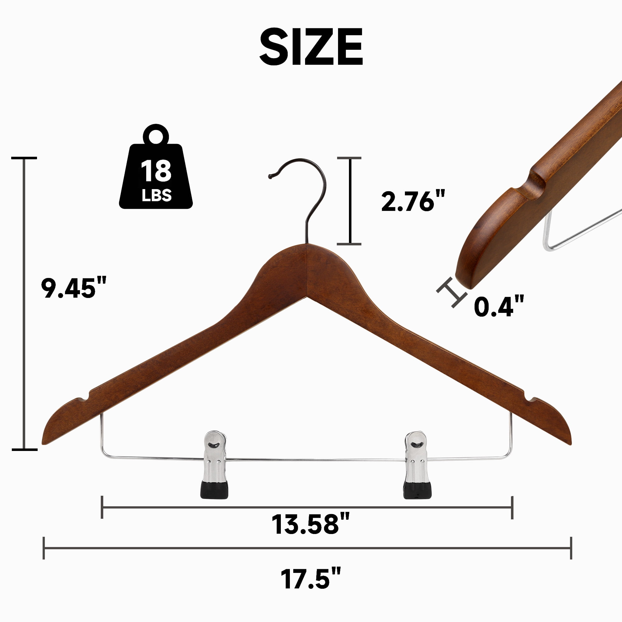 BP4U 12-Pack Wooden Hangers with Adjustable Metal Clips, Solid Wood Suit Hangers for Skirt, Dress, Coats, Jacket and Pants