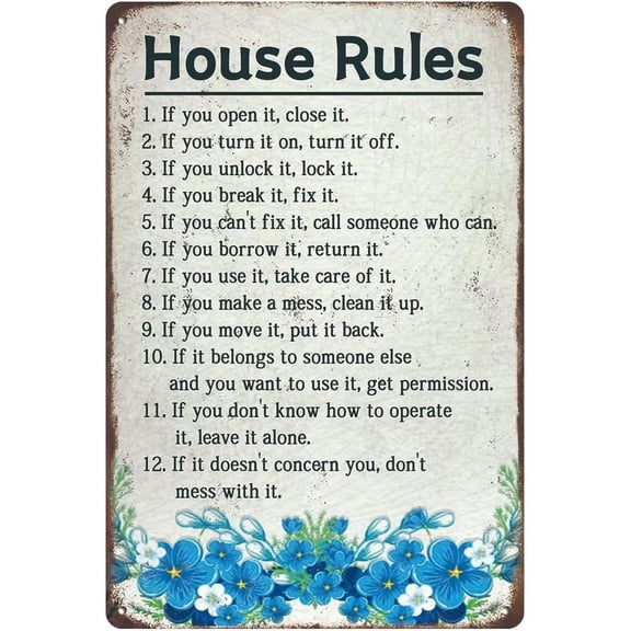 Inspirational House Rules Metal Wall Art Sign with Farmhouse Quote 8x12 Inches Home Dcor Plaque