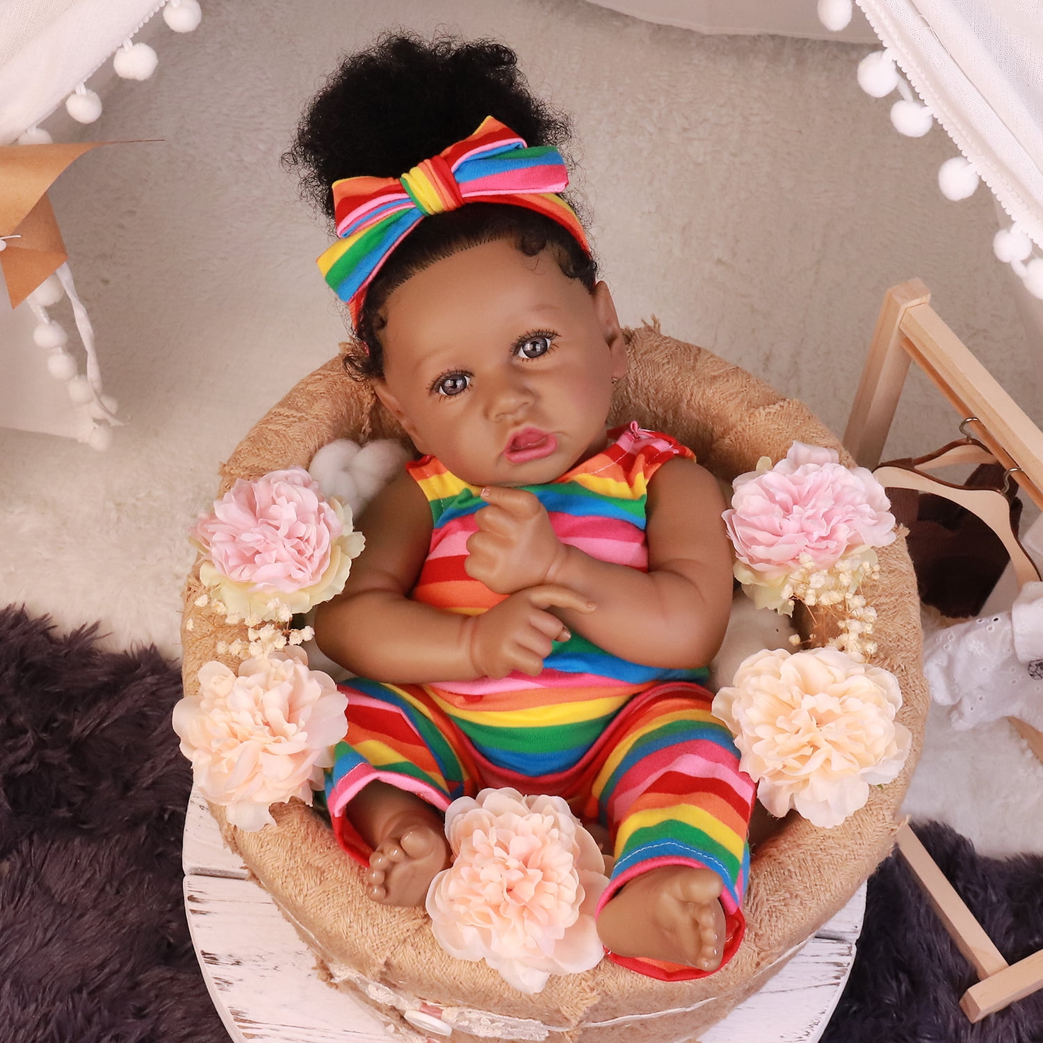 Takanini Reborn Baby Dolls African American Silicone Limbs Realistic Baby Doll with Soft Body Birthday Gift