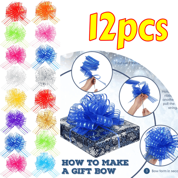 12-Piece Large Pull Bows for Gift Wrapping, Premade Organza Pop-Up Bows for Presents, Gift Baskets & Decorations (Mixed Colors)