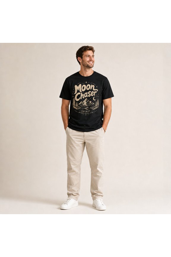 men's Moon Chaser Galaxy Graphic T-Shirt, Black Short Sleeve Crew Neck Tee for Outdoor Summer Casual Wear