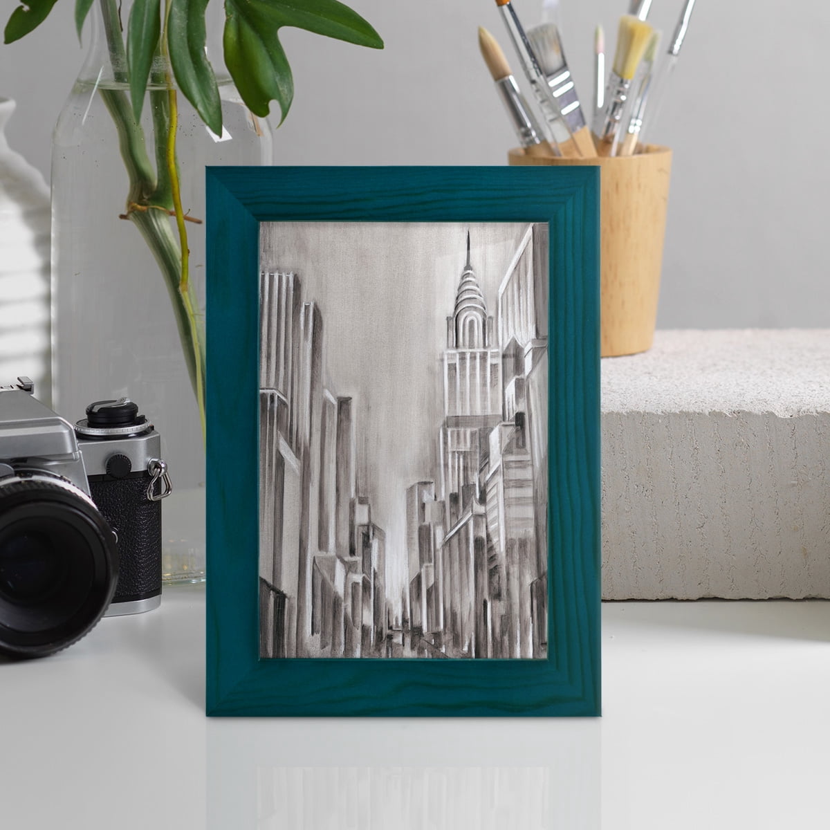 Art Deco Cityscape I -Framed Print w/glass-Ocean Blue