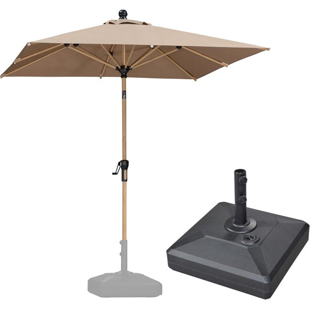 PURPLE LEAF 6' x 9' Patio Umbrella with Base Market Umbrella Rectangular Outdoor Umbrella with Push Button Tilt & Crank and 8 Ribs Aluminum Table Umbrella for Pool Backyard Beach, Taupe