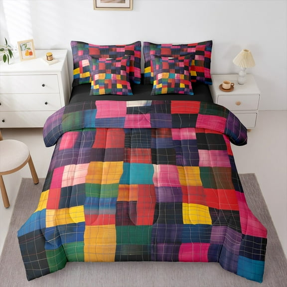 Manfei Vintage Square Geometric Twin Bedding Sets 7-Piece, Colorful Abstract Bedding Comforter Set, Teen Child Adult Reversible Sheet Sets, Ultra Soft Home Decor