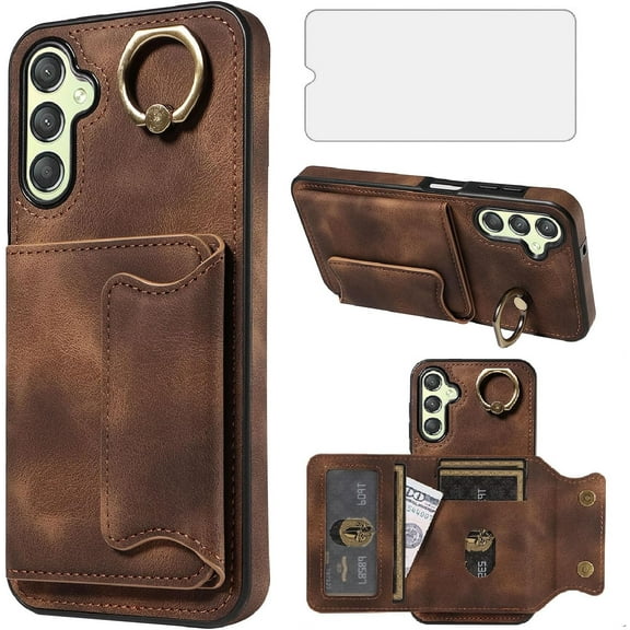 Phone Case for Samsung Galaxy A24 4G/5G Wallet Cover with Tempered Glass Screen Protector and Ring Stand Credit Card Holder Slot Leather Cell A 24 24A LTE Women Girls Brown