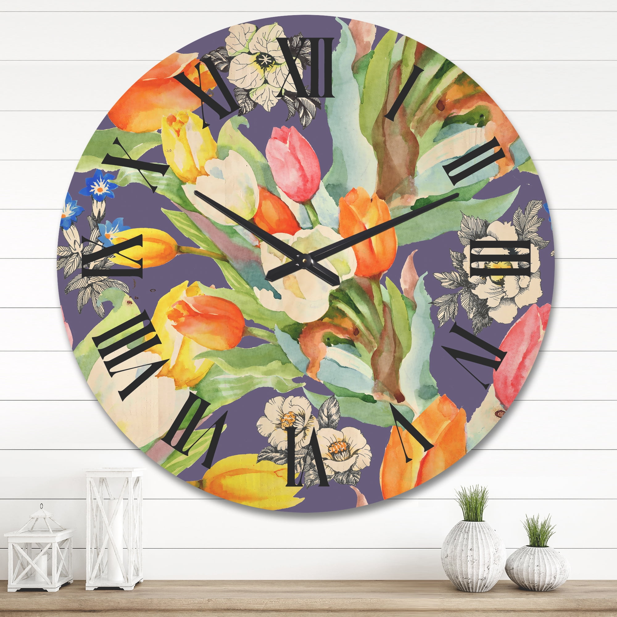 Designart 'Blooming Orange and White Tulips III' Traditional Wood Wall Clock
