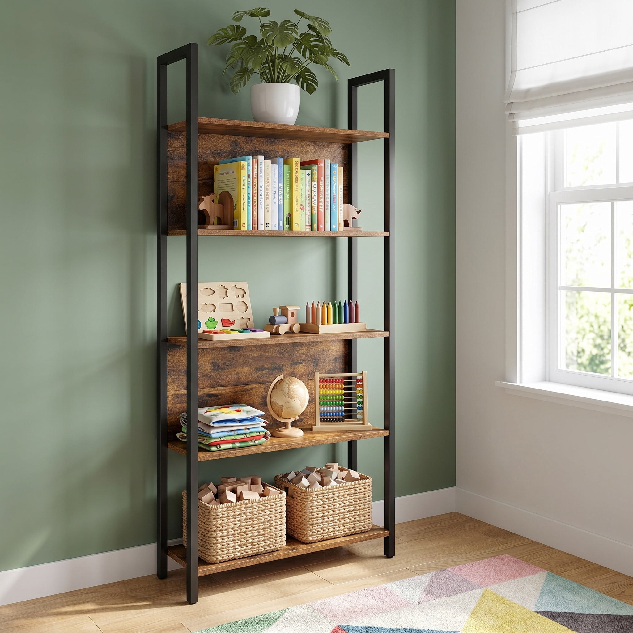 Nordic Hygge 5-Tier Industrial Bookshelf, Slim Storage Bookcase with Steel Frame, Rustic Brown and Black