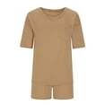 thumbnail image 6 of hxobax Pajama Set for Women 2 Piece Lounge Sets Solid Crewneck Short Sleeve Tops and Shorts Pjs Set Soft Sleepwear Pajamas Shorts Matching Sets Summer Soft Loungewear Chest Pocket,Khaki,Small, 6 of 8